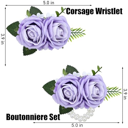 2Pcs Purple Rose Wrist Corsage and Men Boutonniere Set, Artificial Wristlet Band for Wedding Bride Bridesmaid Flowers Accessories Prom Party Groom Groomsmen Suit Decor - color: Purple
