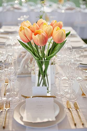 Briful Fake Flowers Artificial Tulip Flower Peach in Clear Vase, Real Touch Foam Tulip Arrangement Suitable for Home Office Decoration, Dining Table Centerpiece - color: Peach