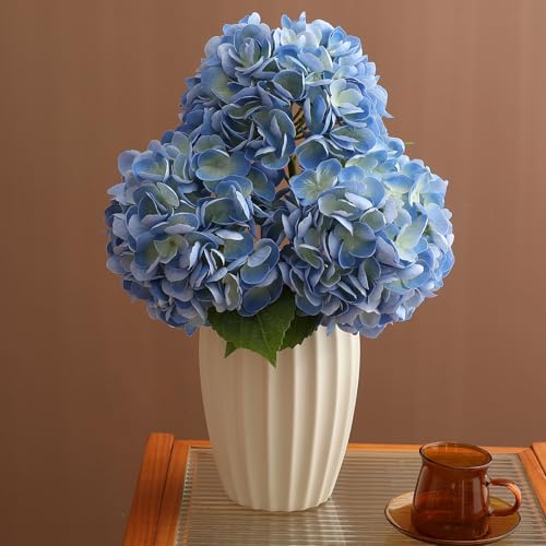 Nubry 3Pcs Blue Hydrangea Artificial Flowers, 22.5In Latex Faux Real Touch Large Hydrangea Flowers with Long Stems & Leaves for Home Office Decor Wedding Party Arrangements(Blue) - color: Blue, size: 3 Pcs