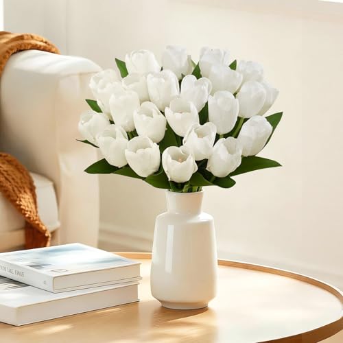 Livole 12 Pcs White Tulips Artificial Flowers Real Touch Tulips Fake Faux Tulip Flower Bouquet for Arrangement Wedding Spring Home Decor Floral Party Centerpiece 14 Inch - color: White