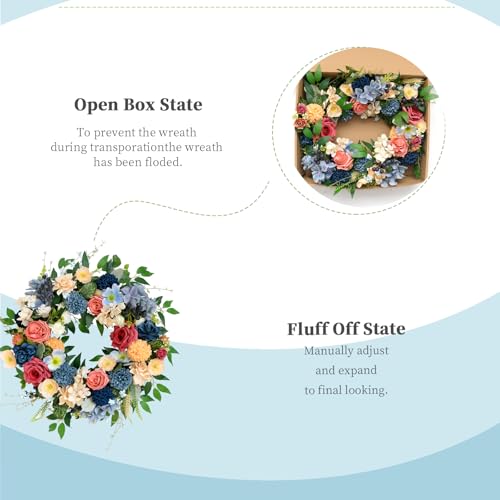 22 inch Spring Wreath Artificial Flower Wreaths Spring Summer Yellow Blue Rose Hydrangea Wreaths Front Door Hallway Window Decoration Wedding Birthday Decoration - color: Wreath