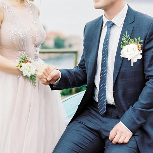 2 Pcs White Wrist Corsage and Boutonniere Set, Rose Corsage Hand for Women, Boutonniere for Men Wedding Flowers Accessories Prom Decor Party Suit Decoration (White) - color: White