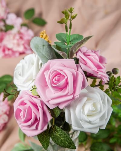 DuHouse 50Pcs Artificial Roses Flowers Fake Roses with Stems Real Touch Foam Flowers for DIY Wedding Bouquet Party Centerpiece Floral Arrangement Party Home Decor(Pink) - color: Pink, size: 50pcs