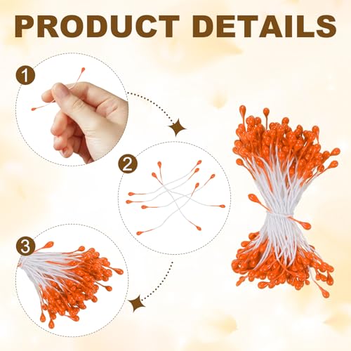 PATIKIL 3mm Double Heads Flower Stamen, 150 Pcs Artificial Flower Stamen Pistil Matt Pearl Floral Stamen for DIY Christmas Card Wedding Decoration, Orange - color: Orange