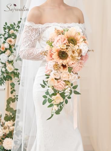 Serwalin 11 Inch Wedding Bouquets for Bride Bridesmaid, Champagne Bridal Bouquets for Bride, Wedding Flowers Bouquet Tossing Bouquet, Wedding Ceremony and Anniversary Day Decor - color: Champagne Sunflower