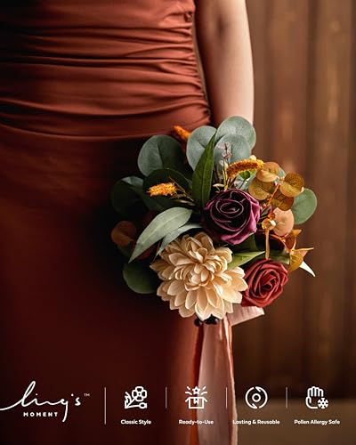 Ling's moment Artificial Bridesmaid Bouquets Set of 6,Terracotta Wedding Flower Bouquets Burnt Orange Floral Bouquet Rust Bridal Bouquets with Ribbon,Ceremony,Anniversary,7-inch Diameter - color: Or-burnt Orange