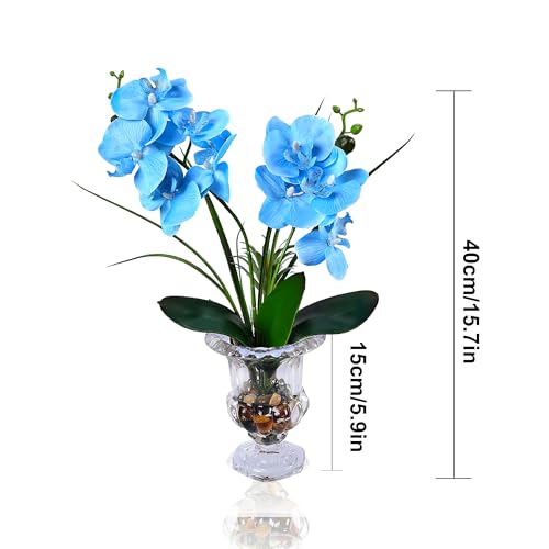 Jusdreen Artificial Blue Orchid in Glass Vase, Realistic Phalaenopsis Arrangement with Potting for Home Office Table Decor, 14.5 Inch Orchid Centerpiece - color: Wine Glass-blue