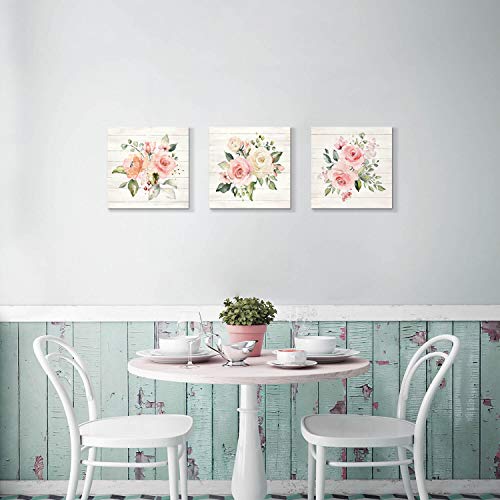 Hardy Gallery Pink Floral Canvas Wall Art: Roses Flowers Bouquet Pictures Artwork for Kitchen Bathrooms (12"x12"x3pcs) - color: Roses Bouquet, size: 12'' x 12'' x 3 Panels