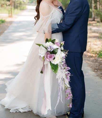 Bridal Bouquet,9 Inch Wedding Bouquets Purple and White Fake Wedding Silk Flowers for Ceremony Anniversary Brides Shower(Purple) - color: Purple