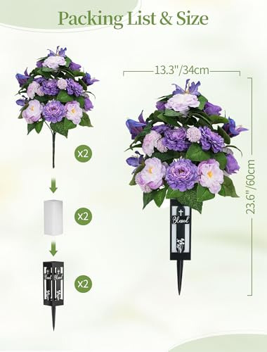 Silk Grave Flowers for Cemetery: 2 Pcs Purple Cemetery Flowers Grave Decorations Spring Easter Mothers Memorial Day - Outdoor Artificial Camellia Bouquets with Vases for Graveside - color: Purple & Lilac
