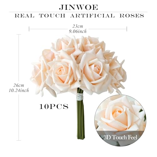 JINWOE 10pcs Cream Real Touch Roses Flowers, Lifelike Full Bridal Bouquet Artificial Flowers for Flower Arrangement Home Party Spring Wedding Decoration - color: Cream