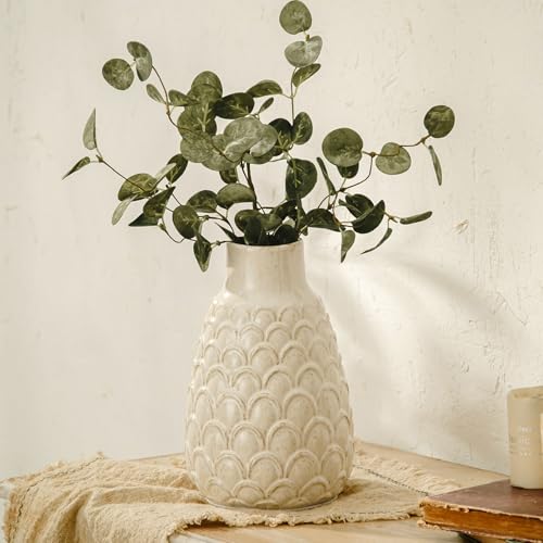 Ceramic Flower Vase, 9.06” Rustic Farmhouse Decorative Vase for Home Decor, Beige Textured Pottery Vase for Pampas Grass, Living Room, Entryway, Mantel, Kitchen Table, Centerpiece - color: 401-white