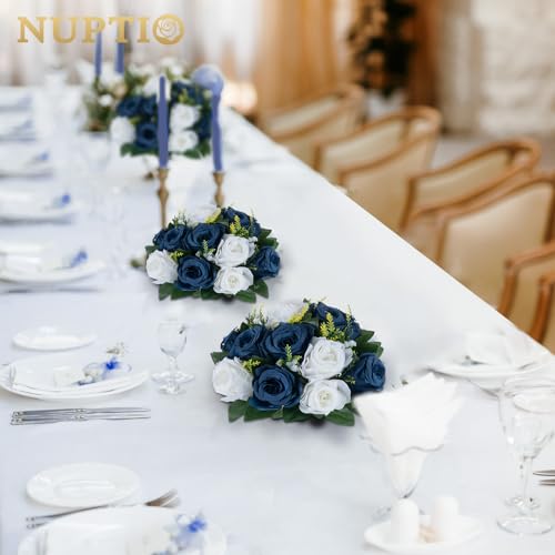 NUPTIO Artificial Flower Centrepieces for Tables - 2 Pcs 9.5in Diameter Navy Blue & White Fake Flowers Roses Balls - Silk Faux Rose Arrangement for Wedding Party Centerpiece Table Decorations - color: Navy Blue & White, size: 2 Pcs