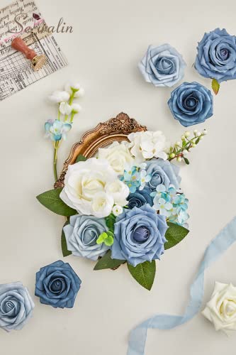 Serwalin Artificial Flowers Blue Fake Silk Foam Wedding Flowers for Bridal Bouquet White Roses with Stems for Home Party Decoration Faux Flower Table Centerpieces Arrangements for Baby Shower - color: A Blue & White, size: 1 Box
