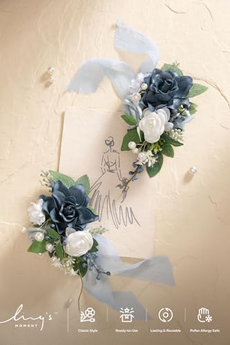 Ling's moment 2pcs Prom Wrist/Shoulder Corsage Artificial Flower, Girl/Mother Homecoming/Wedding Corsage Wristlet Décor, etc. Navy Blue Dusty Blue - color: Blu-navy Blue & Dusty Blue