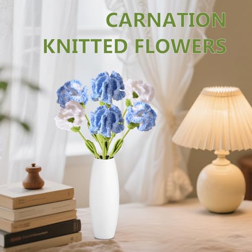 6Pcs Handmade Carnation Crochet Flower Bouquet, Completed Carnations Artificial Flower, Carnation Flower Wedding Bouquet (Blue) - color: Blue