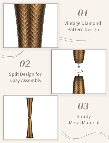 Sziqiqi Gold Tall Floor Vase: 29.5in Bronze Metal Large Vase with Grid Texture - Decorative Floor Vases for Fireplace Living Room Modern Big Standing Holder for Dining Bedroom Home Decor Corner - color: Gold