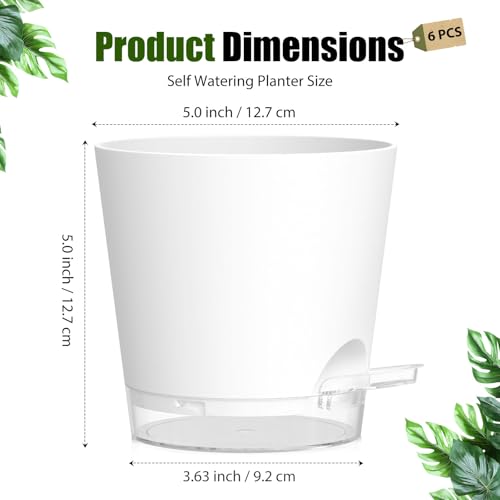 Plant Pots 5 Inch Self Watering Pots,6 Pack Plastic Planters with Drainage Holes and Clear Saucers,Plastic Flower Pots,Nursery Planting Pot for Indoor Out Door Plants (White) - color: White, size: 5 inch