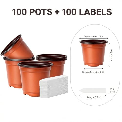 100 Pack 4 Inch Plastic Nursery Pots, Seed Starter Pots with Drainage Holes, Small Plant Containers for Seedlings, Seed Starting Flower Pots with 100 Plant Labels