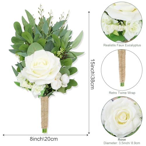 8 Inch Bridesmaid Bouquets Set of 4 - Ivory Artificial Flowers Greenery Bouquet for Wedding, Silk Small Floral Bouquet for Ceremony and Anniversary Marriage Proposal Centerpiece Decorations - color: Ivory Rose, size: 4pcs
