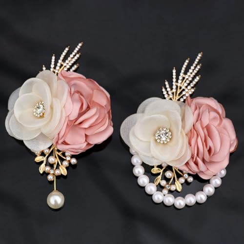 Satin Rose Corsage and Boutonniere Set for Bride Groom Bridesmaids Groomsmen Wedding Homecoming Flowers Prom Party Suit Accessories (Pink) - color: Pink