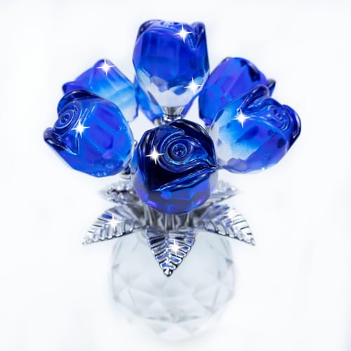 TWINKLING Crystal Roses Figurine with Round Vase, Glass Rose Crystal Flowers Bouquet, Birthday, Anniversary,Wedding, Home Décor,Silver Leaf (Blue) - color: Blue(silver Leaf)