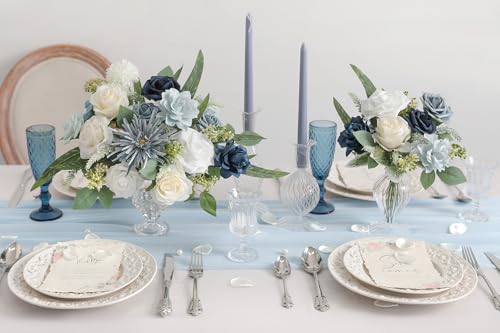 Blue White Artificial Flowers Silk Fake Roses Peonies Greenery Combo Box Set for DIY Wedding Bouquets Bridal Shower Centerpieces Floral Arrangements Party Tables Home Decoration - color: Gradient Blue White