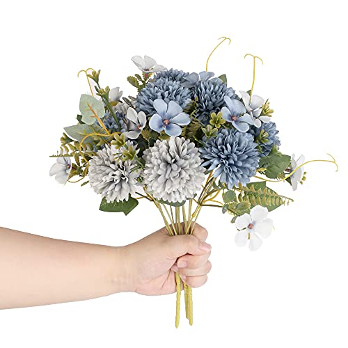 4pcs Gray Bule Artificial Flowers -20 Head Silk Chrysanthemum & Hydrangea Bouquet - Fake Wedding Party Decor for Home Garden - color: 4pcs-gray Bule