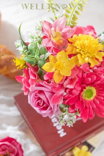 WELL KNOWN Small Fake Flowers in Plastic Vase 7" Centerpieces Coffee Table Decor, Silk Flower Arrangements for Home Decor Indoor Artificial Flower Bouquet for Dining Room Kitchen Wedding Yellow Pink - color: Pink & Yellow