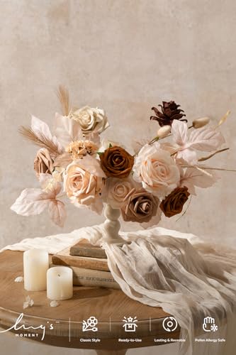 Ling's moment Fake Flowers Box, Faux Artificial Greenery Stems Foam Roses Gardenia Silk Peony Pampas Fabic Flower for Centerpieces Bouquet Wedding Vase Floral Decorations, Boho & Sepia, Mini Combo - color: Boho & Sepia