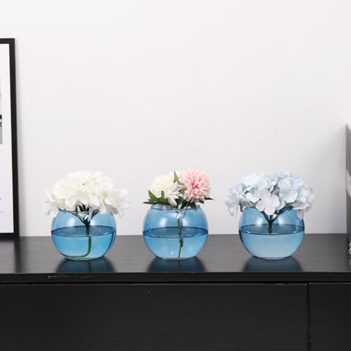 Round Glass Vases Set of 6, Blue Flower Vases for Centerpieces, Glass Bowl Vase, Small Round Vase for Living Room, Bedroom, Kitchen, Dining Table, Office, Wedding, 4 Inches - color: Blue, size: 4”