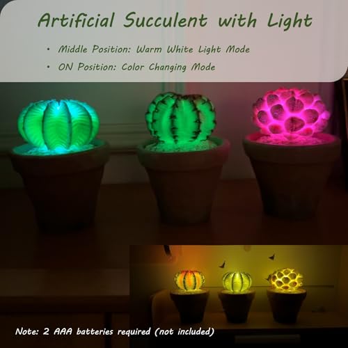 bellacat Fake Succulents with Warm White & Color Changing Lights, 7.7in Lifelike Artificial Succulent Plants, Faux Succulents Light Up Plants for Desk Shelf Living Room Bedroom Decor, Set of 3 Shape - color: Succulent C-5.1in Pot