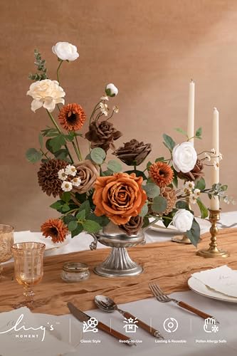 Ling's moment Artificial Wedding Flowers Combo, Fake Greenery for DIY Bouquets Centerpieces Decorations Foam Rose Ranunculus with Stems for Party Home Decor, Earth Brown & Burnt Orange, Deluxe Combo - color: Earth Brown & Burnt Orange, size: Deluxe