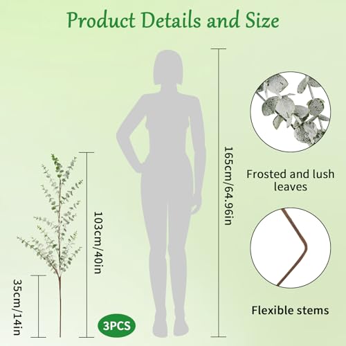 Zythrem Artificial Eucalyptus Stems Fake Branches for Vases Realistic Plastic 40" Long Faux Greenery Stems for Tall Vase Filler Home Bathroom Office Table Centerpieces Bedroom Decoration 3PCS - size: 40