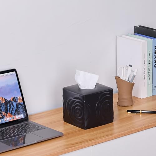 Black Ceramic Rose Tissue Box Cover, Carved Flowers Large Square Tissue Box Holder Decorative for Bathroom, Vanity, Kitchen Countertop, Bedroom Night Stands, Office Desk Top - color: Black