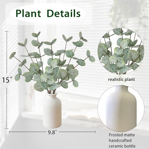 15" Artificial Eucalyptus Stems Potted Plant - Realistic Small Fake Desk Plants for Office Home Decor, Faux Plants in Frosted Ceramic Vase for Indoor Spaces, Wedding Centerpieces Table Decor（4pcs leaf - color: Eucalyptus Plant
