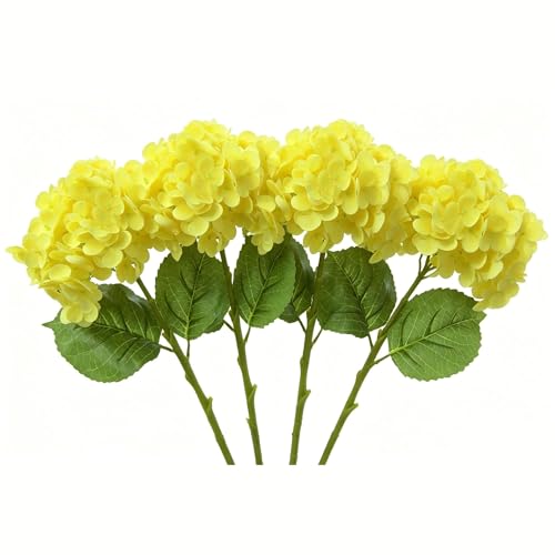 4 Pcs Faux Hydrangeas Real Touch Hydrangea Artificial Flowers Latex Large Fake Flower Long Stems for Wedding Home Party Table Centerpieces Decor (Yellow) - color: Yellow