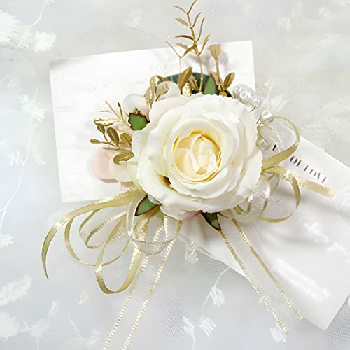 Boutonniere for Wedding Groom 2pcs Champagne Satin Rose Groomsmen Best Man Father Suit Lapel Flower Button Hole Artificial Flower With Gold Ornament for Prom Homecoming, Tea Party, Formal Dinner - color: Champagne Boutonniere