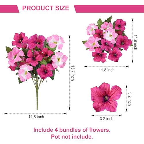 HyeFlora Artificial Flowers for Outdoors 4PCS Faux Petunias Silk Fake Flowers for Outside Planter UV Resistant Realistic Home Garden Porch Decor (Pink) - color: Pink 4branches