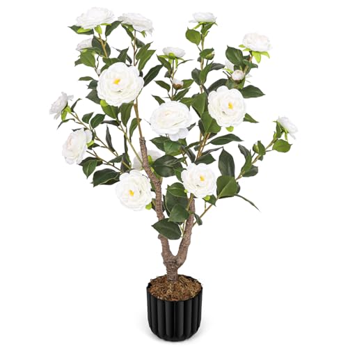 Artificial Camellia Tree for Indoor and Outdoor, Faux Flower Tree Plant in Pot Fake Topiaries for Home Front Porch Decor(1, White) - color: White