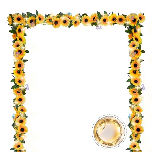 2 Pack Artificial Sunflower Garland with Lights Decor,Fake Hanging Sunflower Vines with Green Leaves,Silk Girasoles Flower Garlands for Birthday Wedding Tables Centerpieces Party Garden Decor - color: Yellow With Lights 2, size: 2 Pack with light