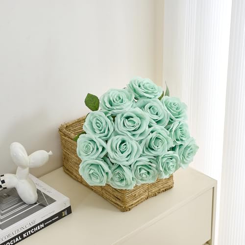 15pcs Fake Roses Artificial Silk Flowers Faux Rose Flower Long Stems Bouquet for Arrangement Wedding Centerpiece Party Home Kitchen Decor - color: 15pcs Sage Green