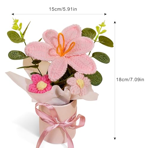 Handmade Crochet Tulip Flower Bouquet in Pot, Knitted Pink Tulip for Mother's Day Birthday Wedding Christmas, DIY Décor for Car Office Desk & Home Décor, Perfect for Mom Wife Girlfriend Lover (Pink) - color: Pink