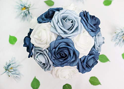 Artificial Flowers 25PCS Real Looking White & Dusty Blue Shades Fake Roses with Stem for DIY Wedding Bouquets Centerpieces Baby Shower Party Home Decorations - color: White & Dusty Blue Shades, size: 3"/25pcs