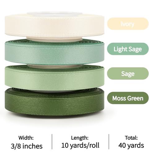 Mauproy 3/8 Inch Sage Green Satin Ribbon, 4 Rolls Total 40 Yards, Double Faced Mixed Green Thin Ribbon for Gift Wrapping, Flower Bouquets, Crafts, Wedding Decorations - color: Sage Green