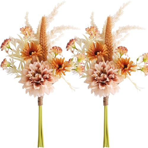 Joeabor Fake Flower Bouquet, Faux Flower Arrangement for Decorating Kitchens, Bedrooms, Bathrooms, Realistic Artificial Flowers Made of Silk & Plastic, Floral Decoration with Dahlia & Small Blossoms - color: Light Coffee & Light Coffee