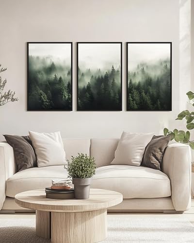 PHOPAGO Green Fog Pine Tree Framed Wall Art Huge 24x36in Nature Misty Nordic Forests Artwork Morden Paints for Living Room Bedroom Decor - Black Framed - color: Green Pine Forest, size: 36L" x 24W" x 3 Pcs Black