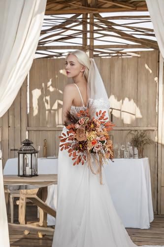 Lisuun Wedding Bouquets for Bride, 16 Inches Wedding Flower Bouquet, Silk Round Bridal Bouquet for Wedding, Ceremony, Anniversary - color: Light Coffee&dark Coffee