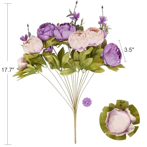 Mkono Peonies Artificial Flowers, 2 Packs 13 Stems Faux Peony Flowers Real Touch Fake Silk Bouquet for Arrangements Dining Table Centerpieces for Kitchen Bridal Wedding Party (2, Purple) - color: Purple