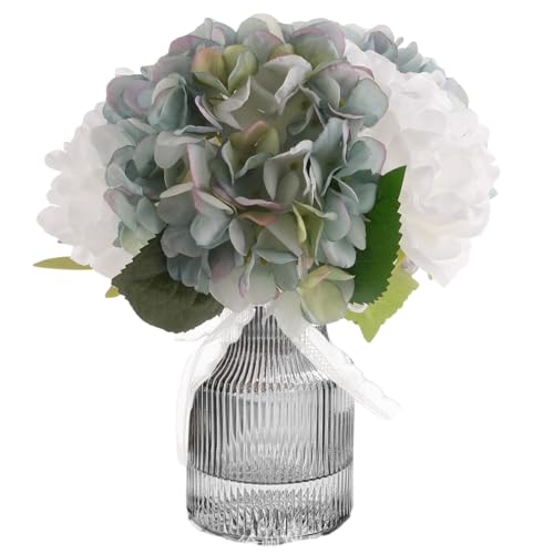 Fake Flowers in Vase,11" Small Full Silk Hydrangea Artificial Flowers Arrangment for Bathroom Bedroom Office Desk Decor White Faux Flower Decor (Blue in Black Vase) - color: Blue in Black Vase